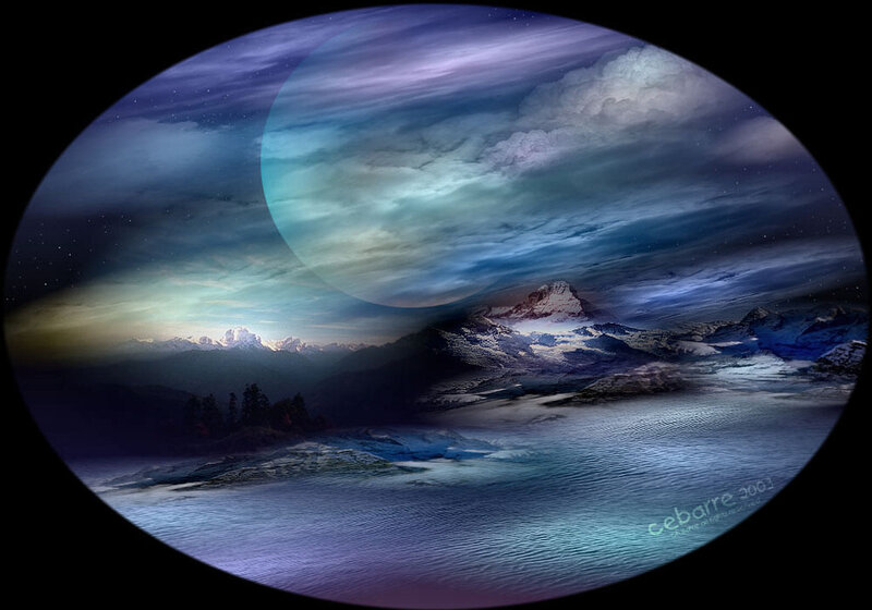 Alien Planet Landscape — Blue, Dramatic, Night, Digital Art, Mountains, Moon