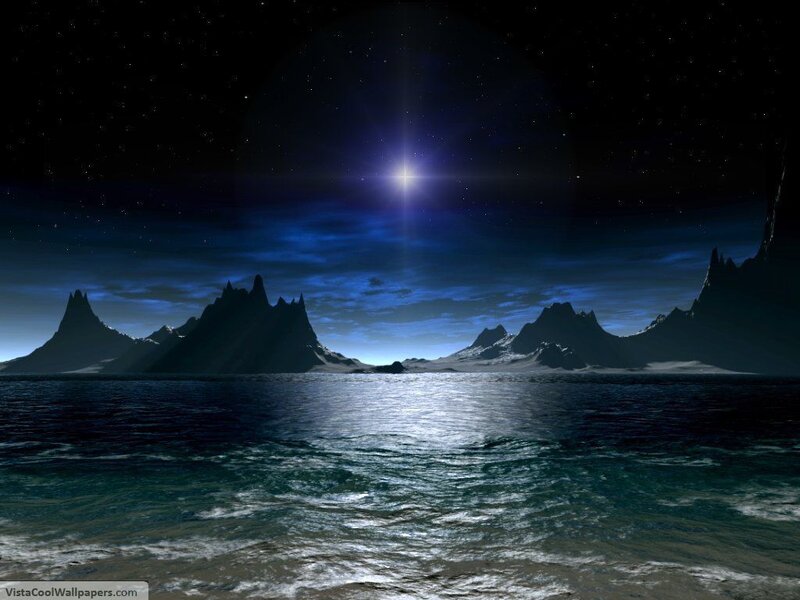 Alien Planet Landscape — Blue, Dramatic, Night, Digital Art, Mountains, Ocean, Star, Black