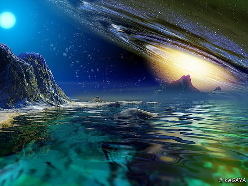 Alien Planet Landscape — Blue, Dramatic, Night, Digital Art, Mountains, Ocean, Stars