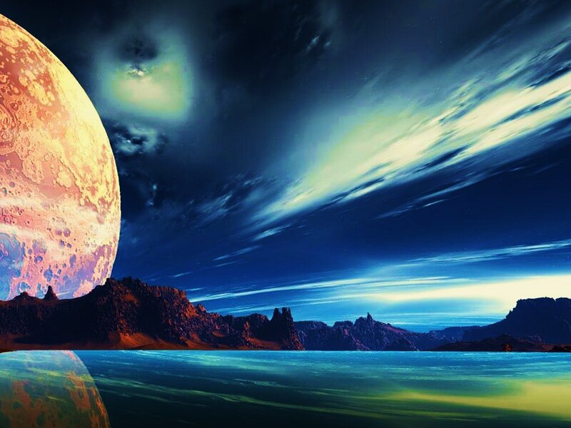 Alien Planet Landscape — Blue, Dramatic, Night, Digital Art, Mountains, Ocean, Yellow