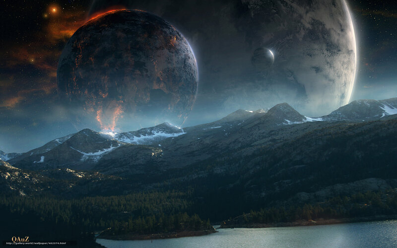 Alien Planet Landscape — Blue, Dramatic, Night, Digital Art, Mountains, Planets, Lake