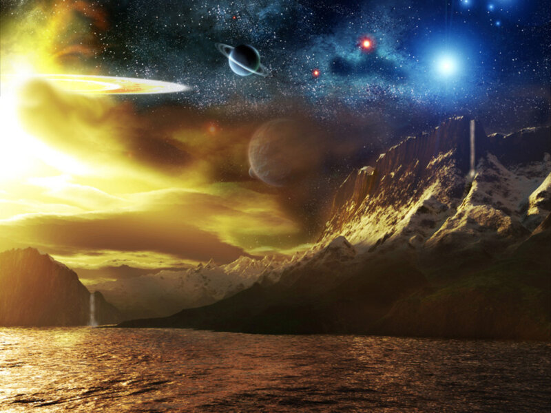 Alien Planet Landscape — Blue, Dramatic, Night, Digital Art, Mountains, Planets, Stars, Ocean