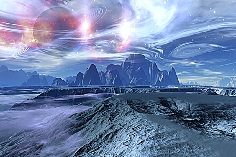 Alien Planet Landscape — Blue, Dramatic, Night, Digital Art, Mountains, Planets, Stars, Purple