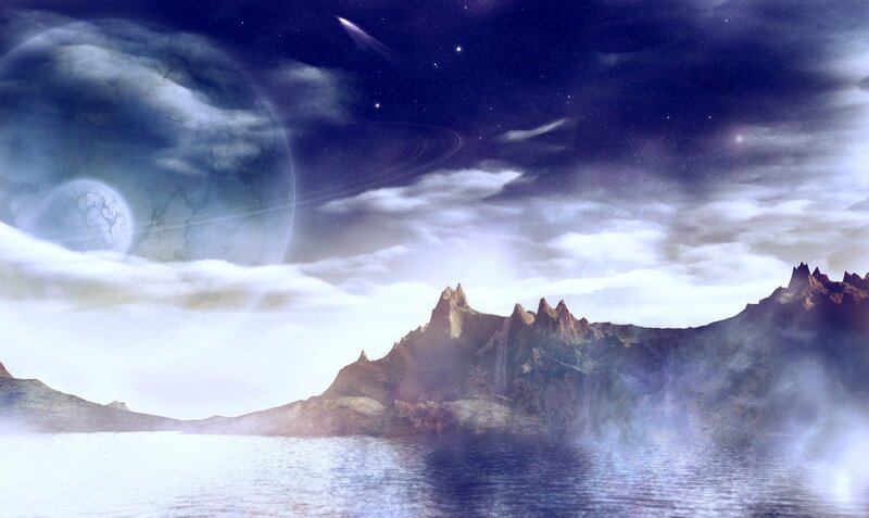 Alien Planet Landscape — Blue, Dramatic, Night, Digital Art, Mountains, Planets, Stars, Purple, White