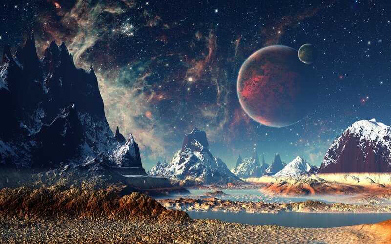 Alien Planet Landscape — Blue, Dramatic, Night, Digital Art, Mountains, Planets, Stars