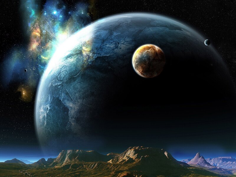 Alien Planet Landscape — Blue, Dramatic, Night, Digital Art, Mountains, Planets