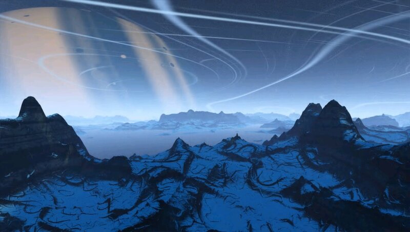 Alien Planet Landscape — Blue, Dramatic, Night, Digital Art, Mountains, Rings