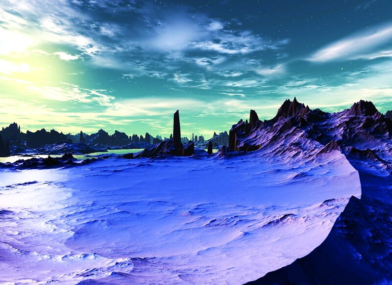 Alien Planet Landscape — Blue, Dramatic, Night, Digital Art, Mountains, Sky