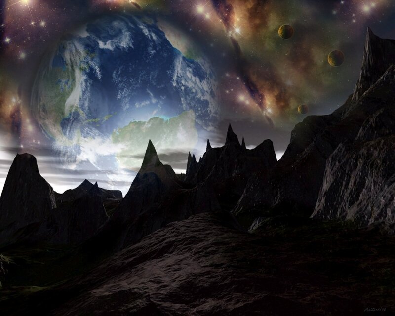 Alien Planet Landscape — Blue, Dramatic, Night, Digital Art, Mountains, Stars, Black, Green