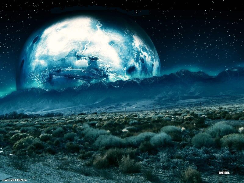 Alien Planet Landscape — Blue, Dramatic, Night, Digital Art, Mountains, Stars, Desert