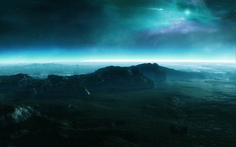 Alien Planet Landscape — Blue, Dramatic, Night, Digital Art, Mountains, Stars, Meteor