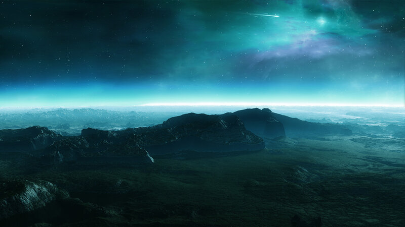 Alien Planet Landscape — Blue, Dramatic, Night, Digital Art, Mountains, Stars, Nebula