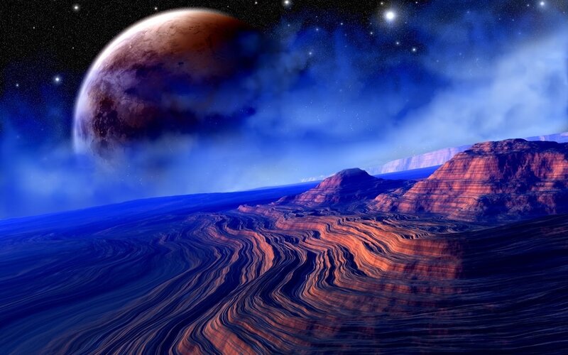 Alien Planet Landscape — Blue, Dramatic, Night, Digital Art, Mountains, Stars, Red, Black