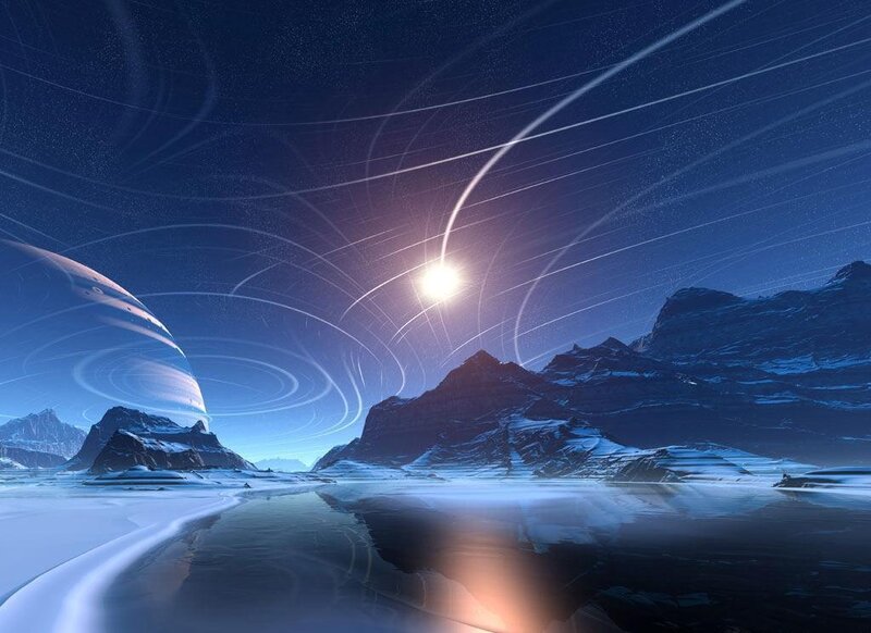Alien Planet Landscape — Blue, Dramatic, Night, Digital Art, Mountains, Stars, Sun