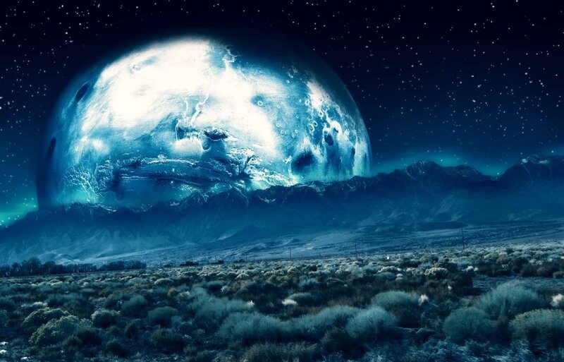 Alien Planet Landscape — Blue, Dramatic, Night, Digital Art, Mountains, Stars