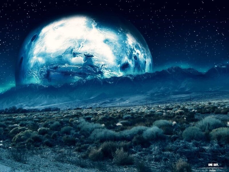 Alien Planet Landscape — Blue, Dramatic, Night, Digital Art, Mountains, Stars, Vegetation