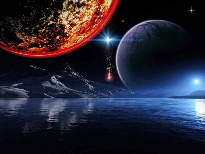 Alien Planet Landscape — Blue, Dramatic, Night, Digital Art, Mountains