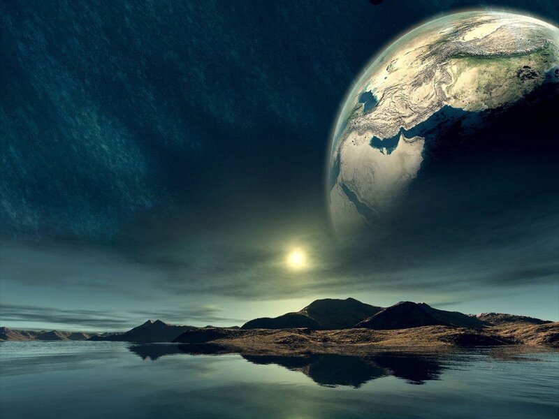 Alien Planet Landscape — Blue, Dramatic, Night, Digital Art, Mountains, Water