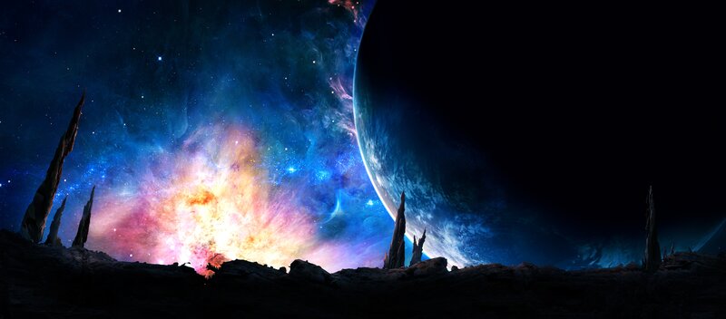 Alien Planet Landscape — Blue, Dramatic, Night, Digital Art, Nebula, Rock Formations
