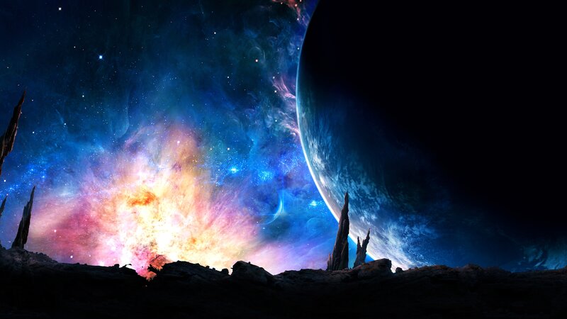 Alien Planet Landscape — Blue, Dramatic, Night, Digital Art, Nebula