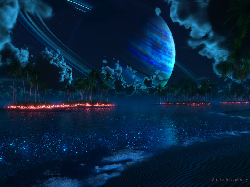 Alien Planet Landscape — Blue, Dramatic, Night, Digital Art, Palm Trees