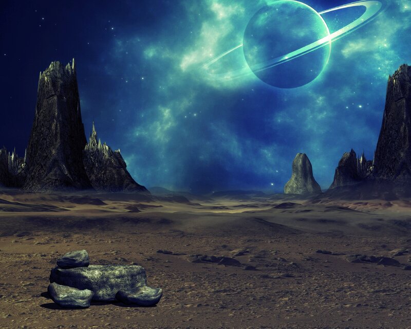 Alien Planet Landscape — Blue, Dramatic, Night, Digital Art, Planet with Rings