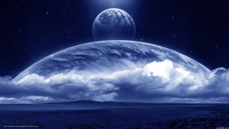 Alien Planet Landscape — Blue, Dramatic, Night, Digital Art, Planets, Clouds, Stars