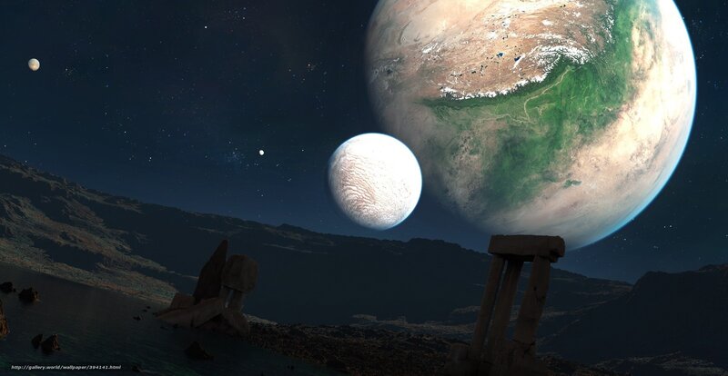 Alien Planet Landscape — Blue, Dramatic, Night, Digital Art, Planets, Moon