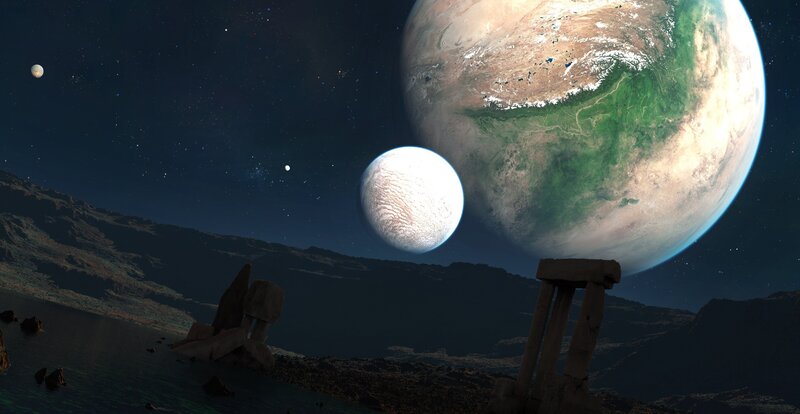 Alien Planet Landscape — Blue, Dramatic, Night, Digital Art, Planets, Moons