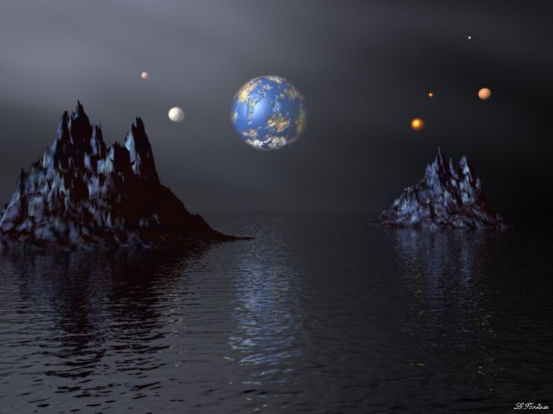 Alien Planet Landscape — Blue, Dramatic, Night, Digital Art, Planets, Mountains