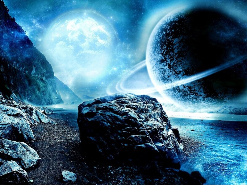 Alien Planet Landscape — Blue, Dramatic, Night, Digital Art, Planets, Rings, Rocks