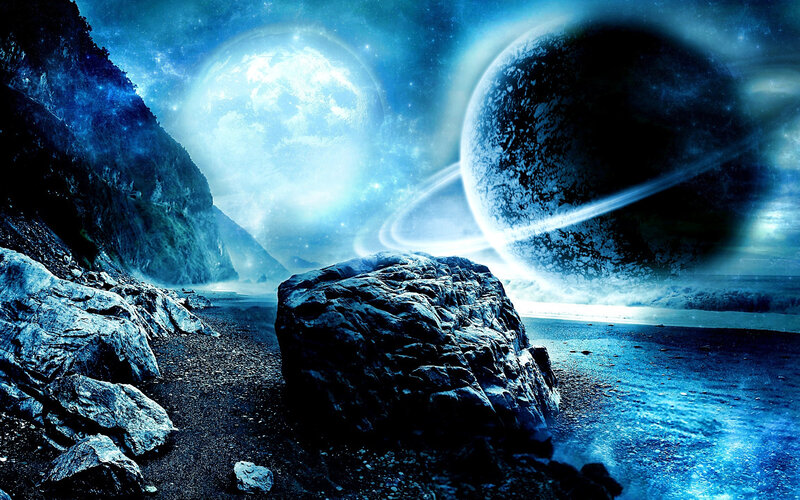 Alien Planet Landscape — Blue, Dramatic, Night, Digital Art, Planets, Rings
