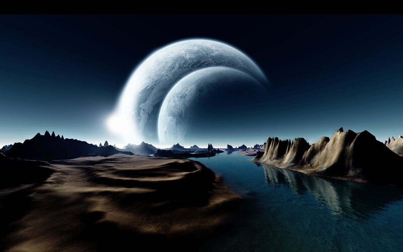 Alien Planet Landscape — Blue, Dramatic, Night, Digital Art, Planets, River