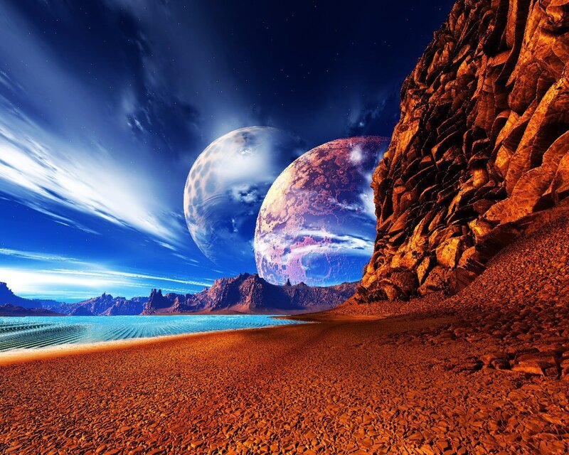 Alien Planet Landscape — Blue, Dramatic, Night, Digital Art, Planets, Rocky Terrain, Ocean