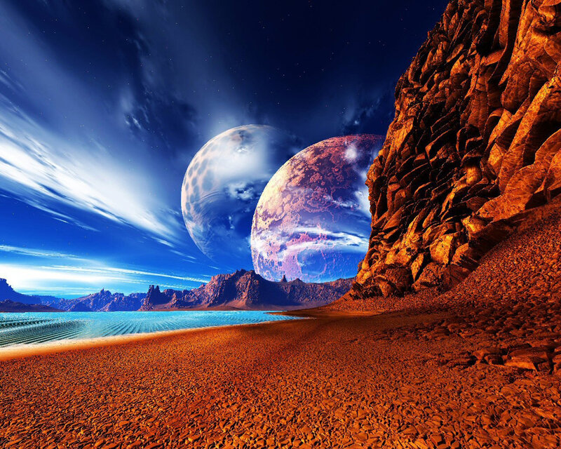 Alien Planet Landscape — Blue, Dramatic, Night, Digital Art, Planets, Rocky Terrain