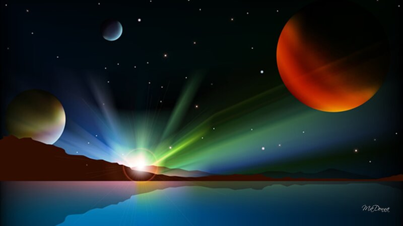 Alien Planet Landscape — Blue, Dramatic, Night, Digital Art, Planets, Stars, Aurora