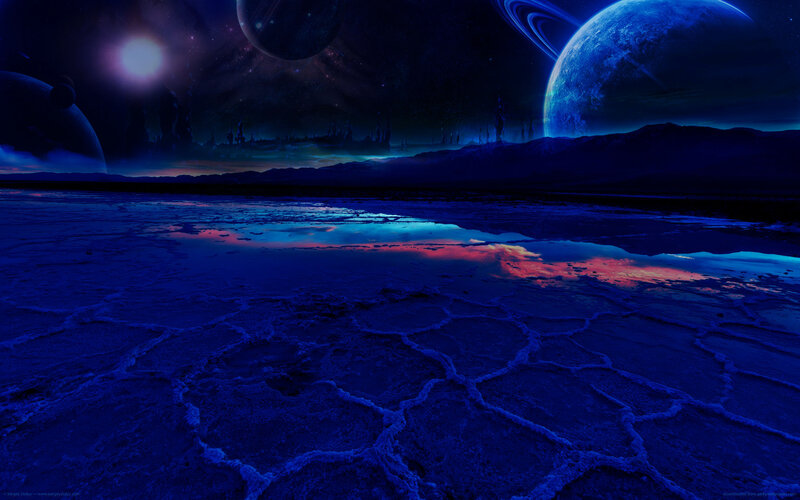 Alien Planet Landscape — Blue, Dramatic, Night, Digital Art, Planets, Stars, Mountains