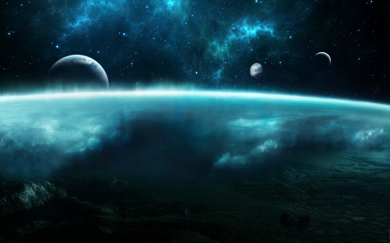 Alien Planet Landscape — Blue, Dramatic, Night, Digital Art, Planets, Stars, Nebula, Black, by Kubik