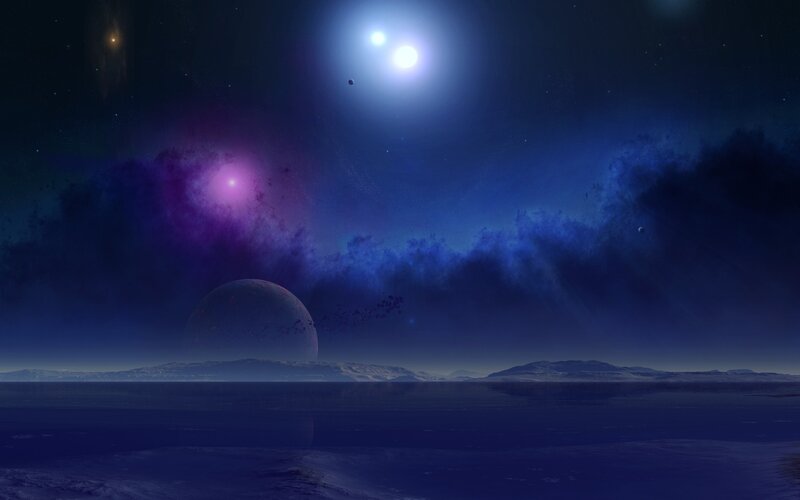 Alien Planet Landscape — Blue, Dramatic, Night, Digital Art, Planets, Stars, Nebula