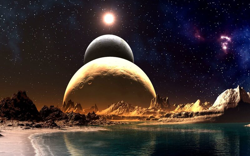 Alien Planet Landscape — Blue, Dramatic, Night, Digital Art, Planets, Stars