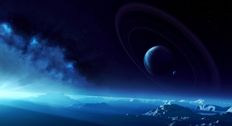 Alien Planet Landscape — Blue, Dramatic, Night, Digital Art, Rings, Mountains