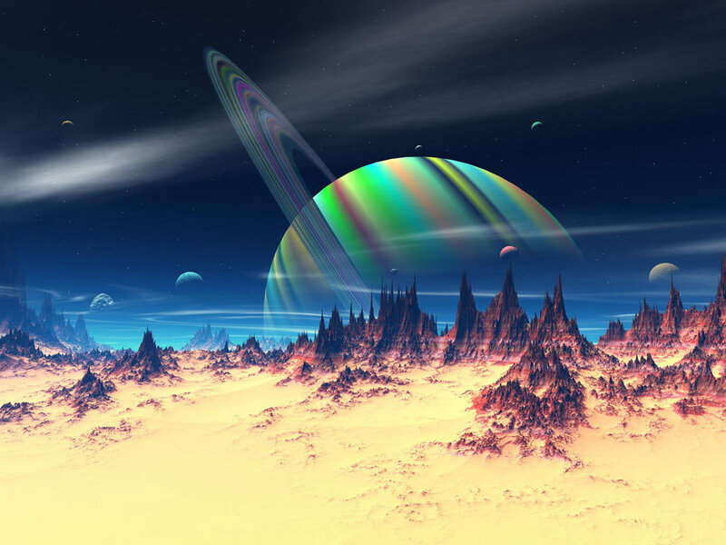 Alien Planet Landscape — Blue, Dramatic, Night, Digital Art, Rings, Mountains, Yellow