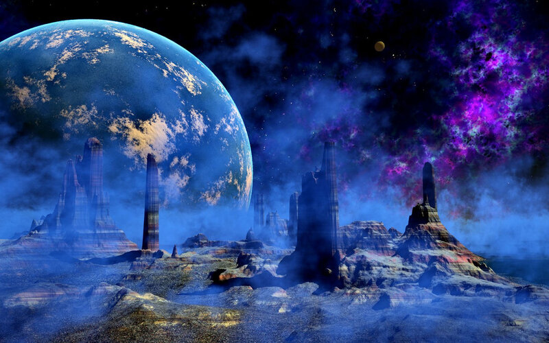 Alien Planet Landscape — Blue, Dramatic, Night, Digital Art, Rock Formations, Nebula