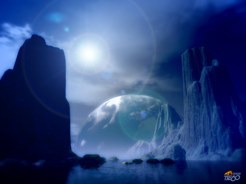 Alien Planet Landscape — Blue, Dramatic, Night, Digital Art, Rock Formations, Sun