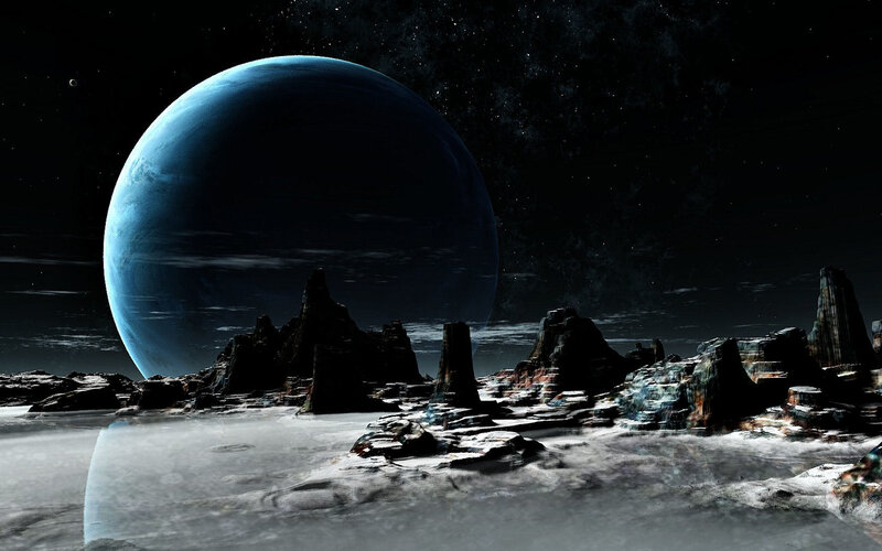 Alien Planet Landscape — Blue, Dramatic, Night, Digital Art, Rock Formations