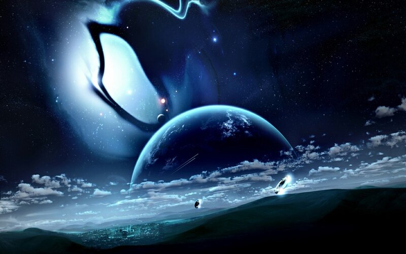 Alien Planet Landscape — Blue, Dramatic, Night, Digital Art, Spaceship, Clouds