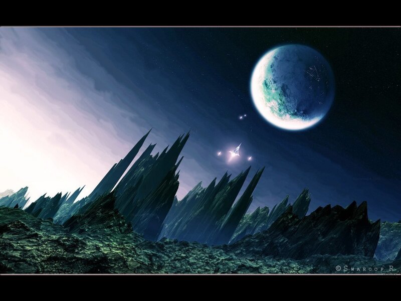 Alien Planet Landscape — Blue, Dramatic, Night, Digital Art, Spaceship, Mountains, Black