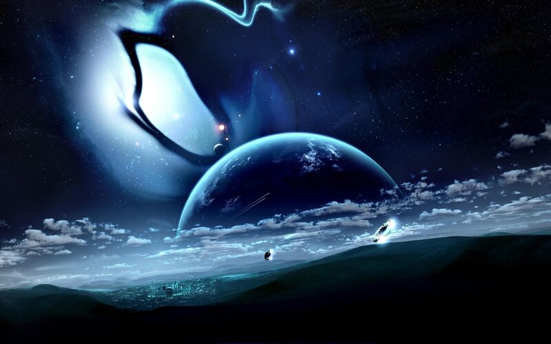 Alien Planet Landscape — Blue, Dramatic, Night, Digital Art, Spaceships, Clouds