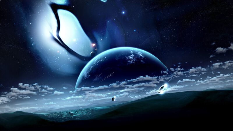 Alien Planet Landscape — Blue, Dramatic, Night, Digital Art, Spaceships