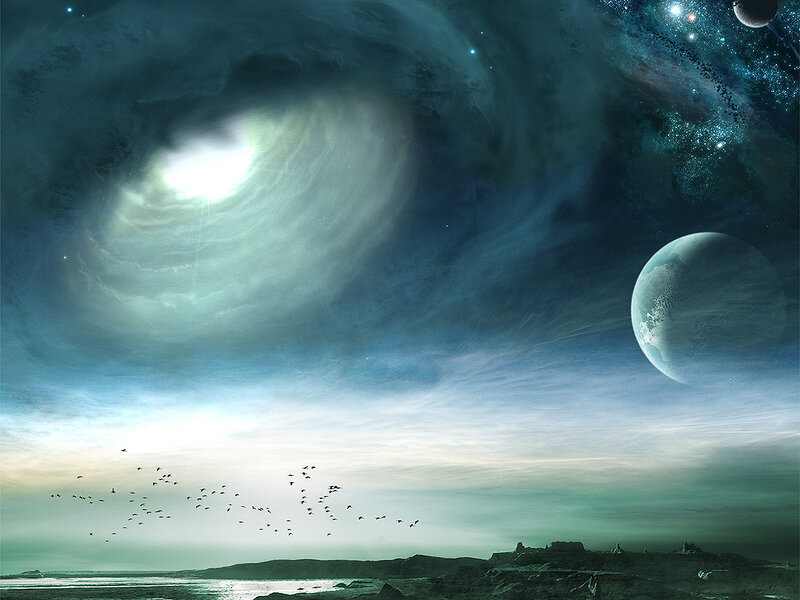 Alien Planet Landscape — Blue, Dramatic, Night, Digital Art, Stars, Birds